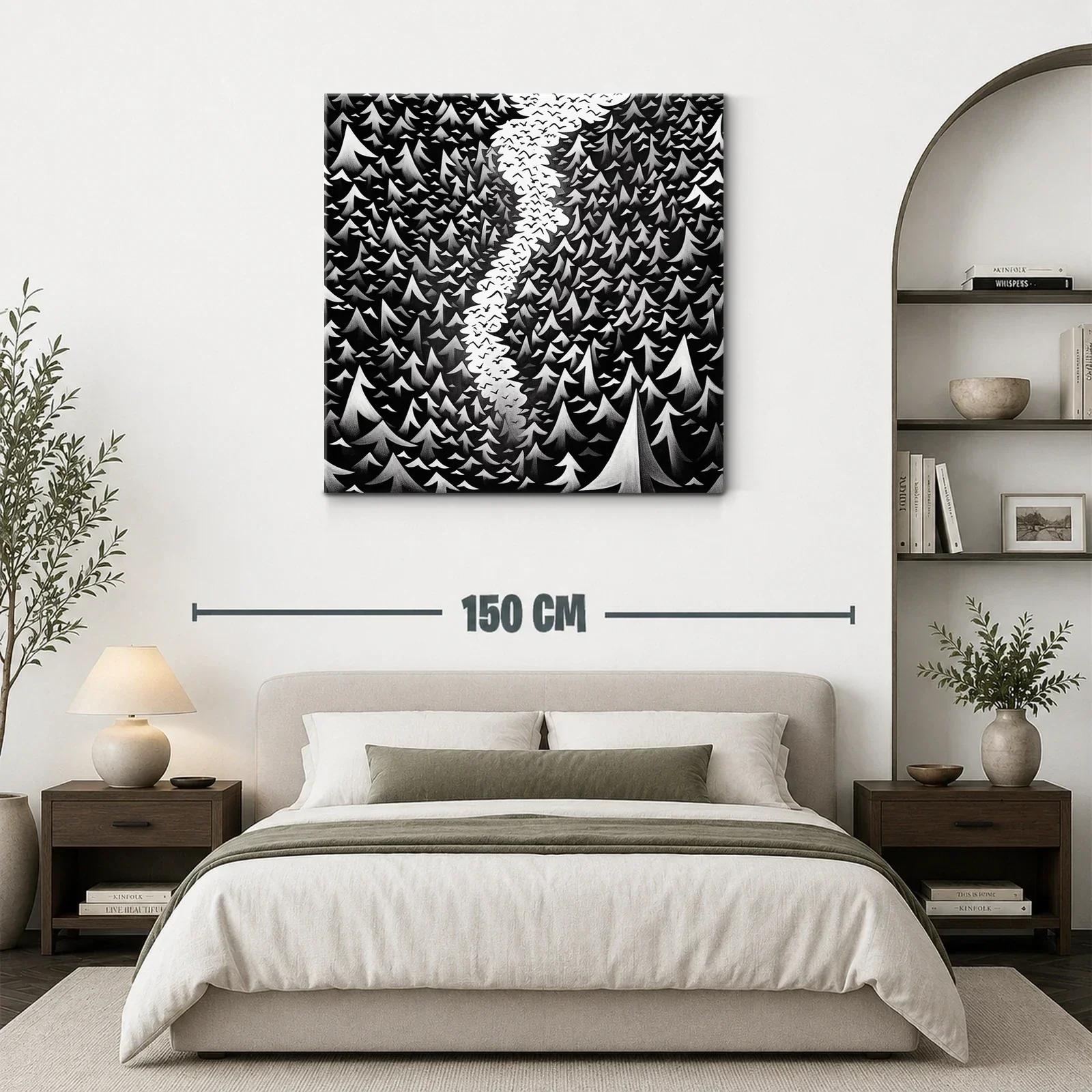 Bosque en blanco y negro con cielo lleno de aves — miniatura 3
