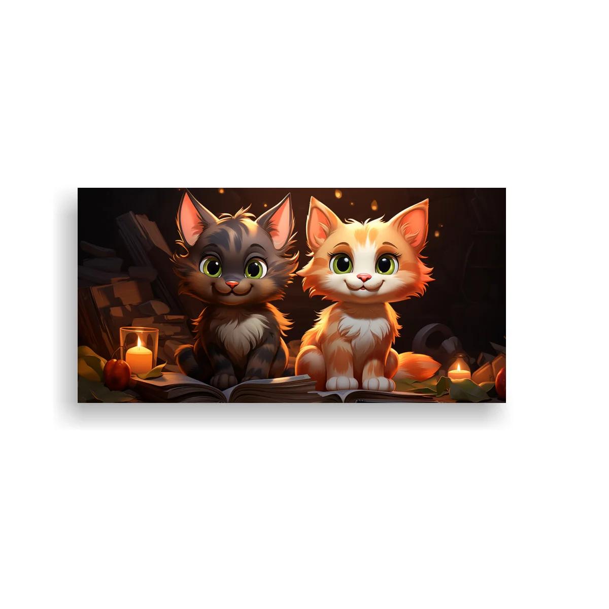 Cuadro dos gatitos rodeados de velas y elementos otoñales