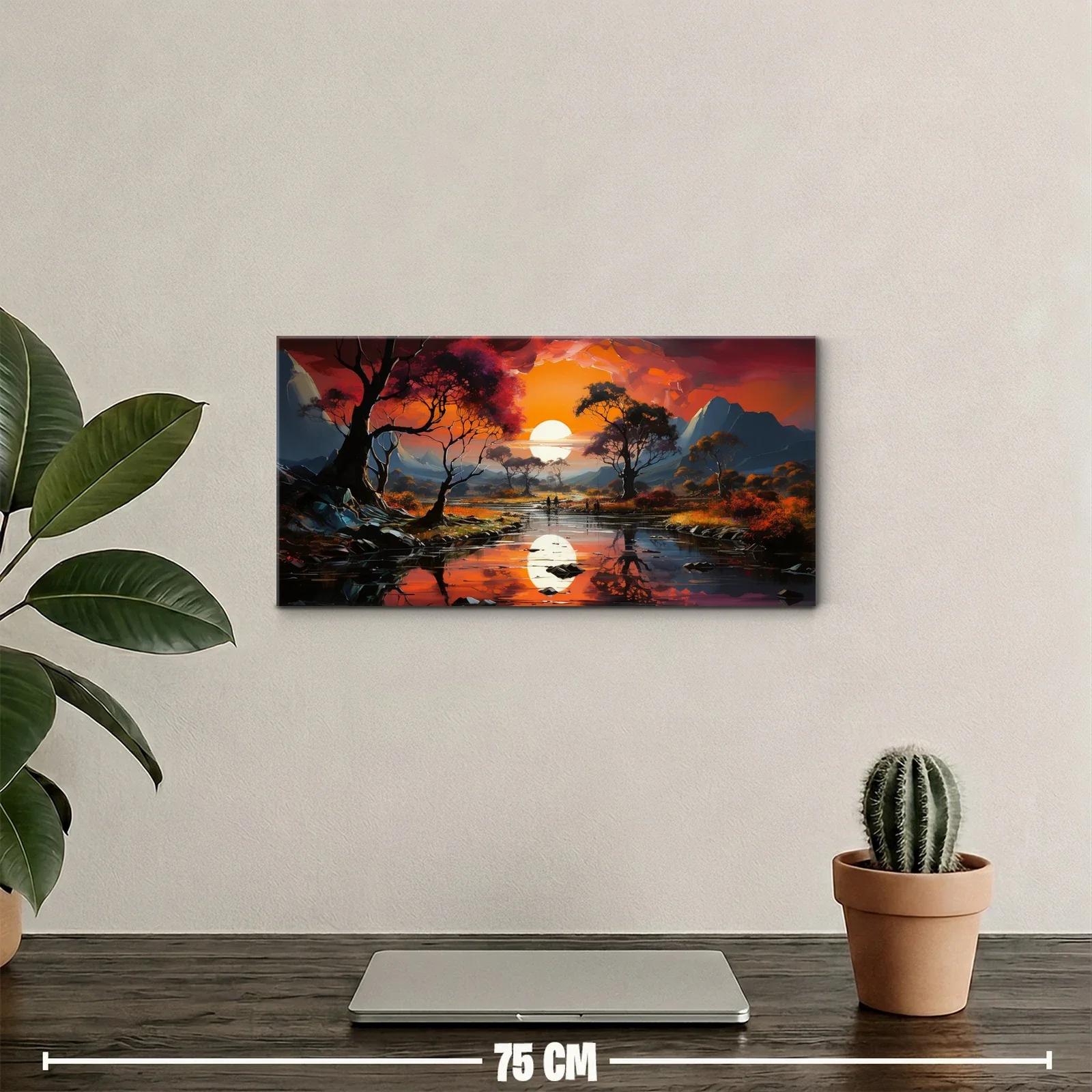 Cuadro paisaje de lago al atardecer con reflejo vertical — miniatura 2
