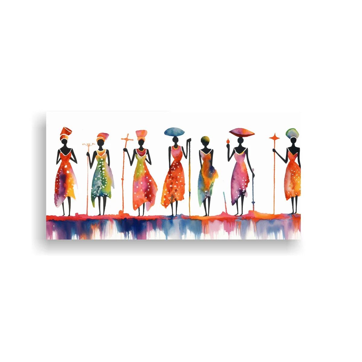 Cuadro mujeres africanas con sombrillas y vasijas en la cabeza