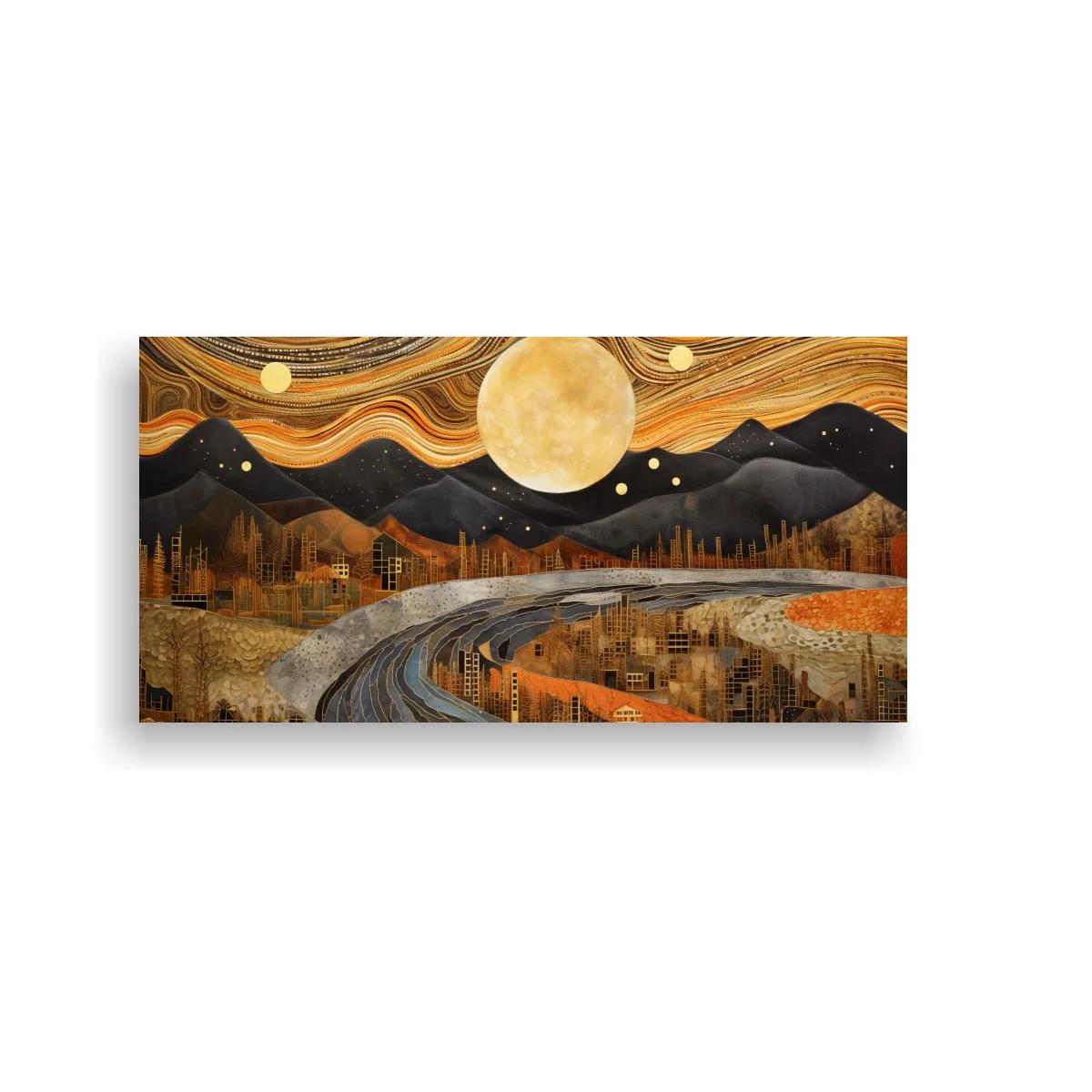 Cuadro paisaje urbano nocturno con luna destacada