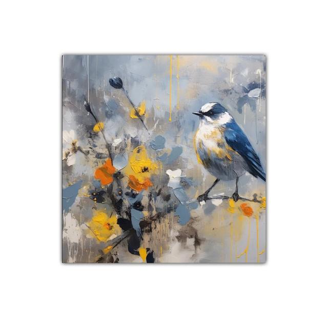 Cuadro decorativo con ave y flores vibrantes en tonos azules y amarillos