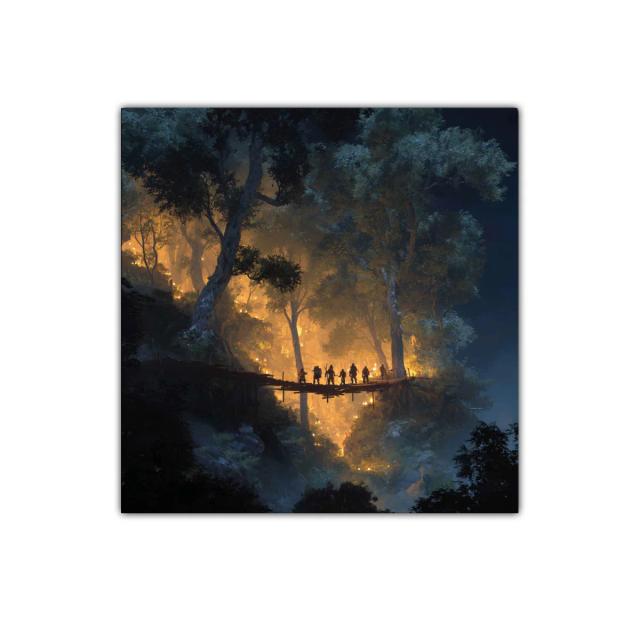 Escena mágica de viajeros cruzando un puente en bosque iluminado