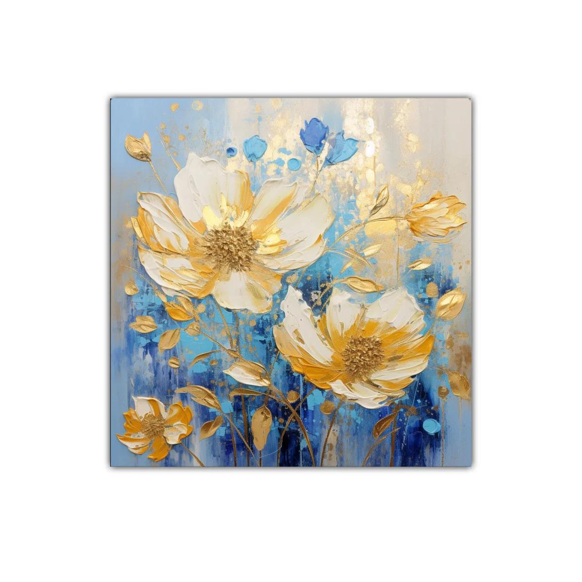 Cuadro floral con tonos dorados y azules vibrantes