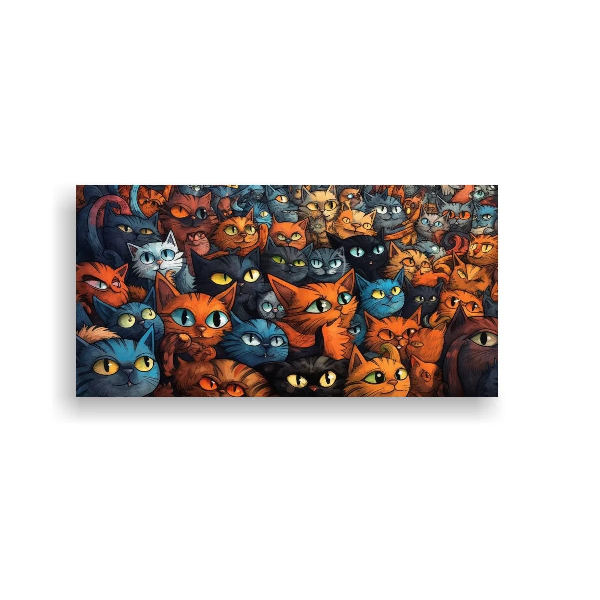 Cuadro multitud de gatos de ojos grandes y miradas alertas
