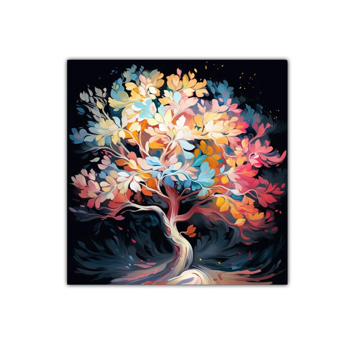 Árbol multicolor lleno de vida con hojas vibrantes y dinámicas