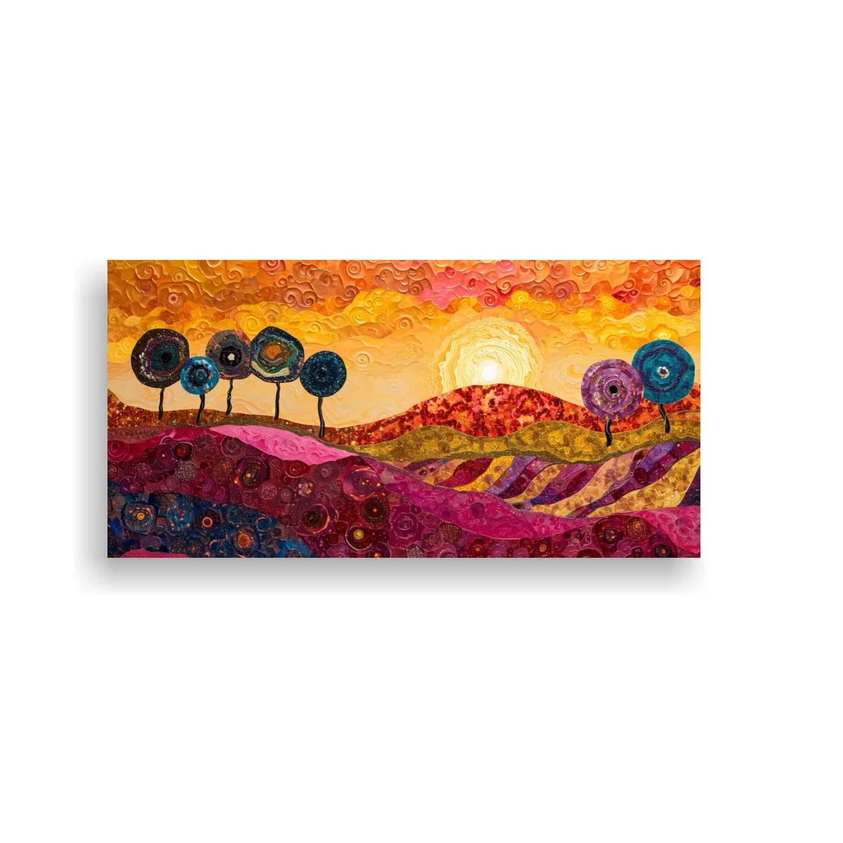 Cuadro paisaje de colinas al atardecer con sol y árboles redondos