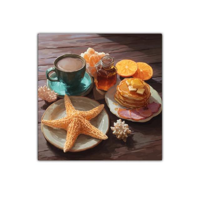 Desayuno costero con tonos cálidos y detalles marinos