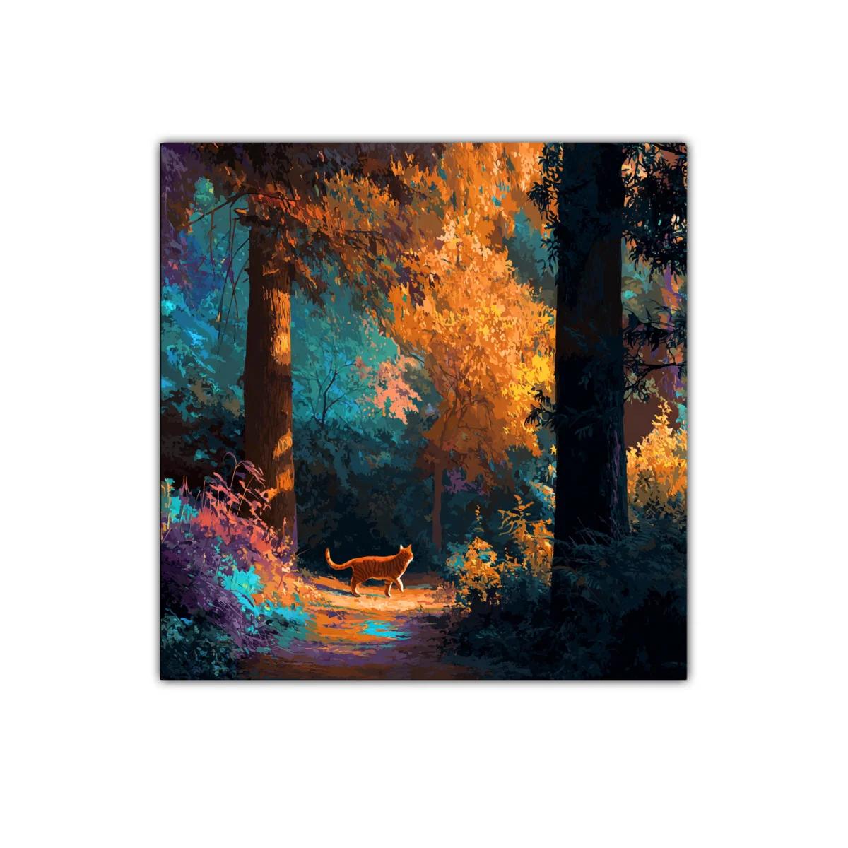 Paisaje otoñal con gato caminando entre árboles — imagen principal