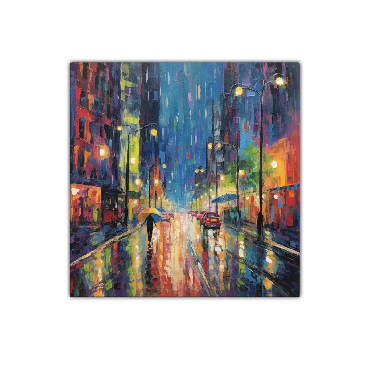 Atardecer lluvioso en ciudad iluminada con paraguas — imagen principal