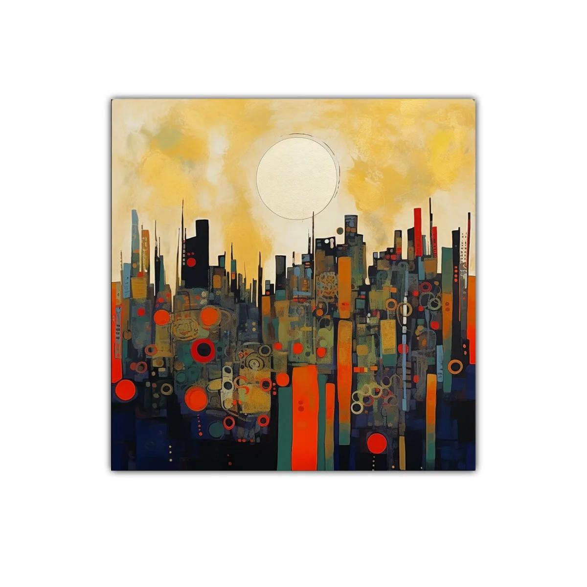 Cuadro abstracto paisaje urbano con círculo dorado