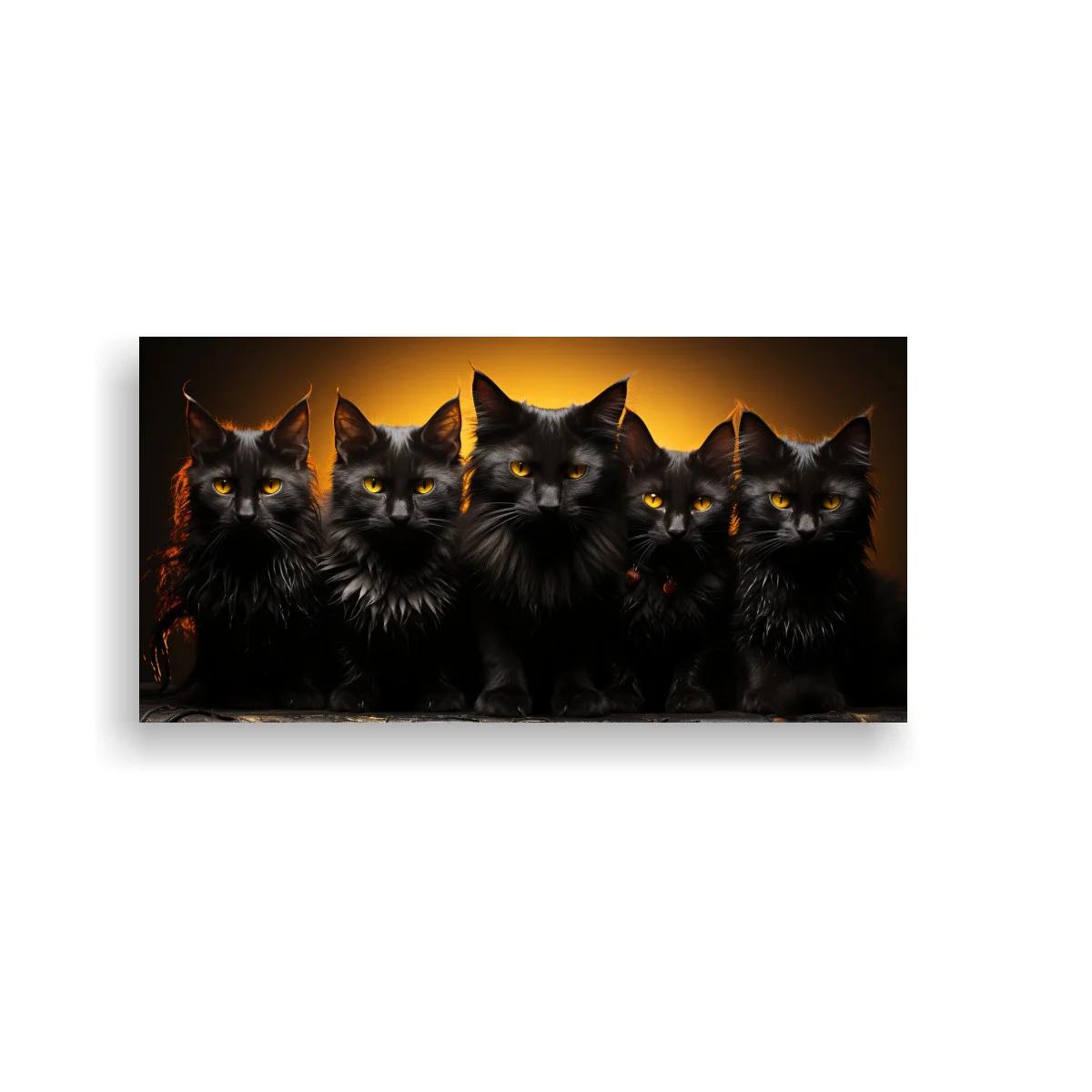 Cuadro cinco gatos negros sobre repisa con fondo dorado — imagen principal