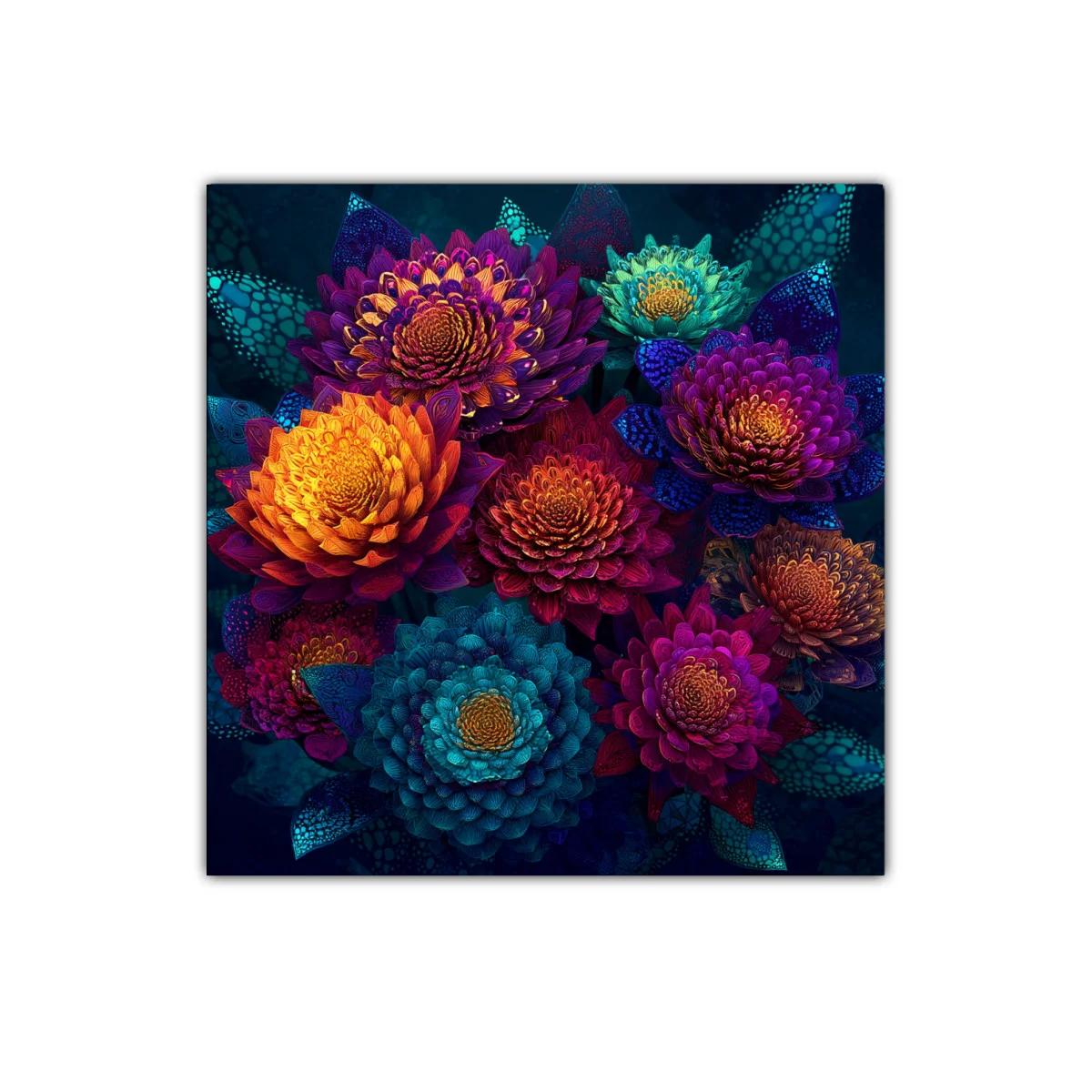 Cuadro floral vibrante con flores en tonos intensos y contrastes