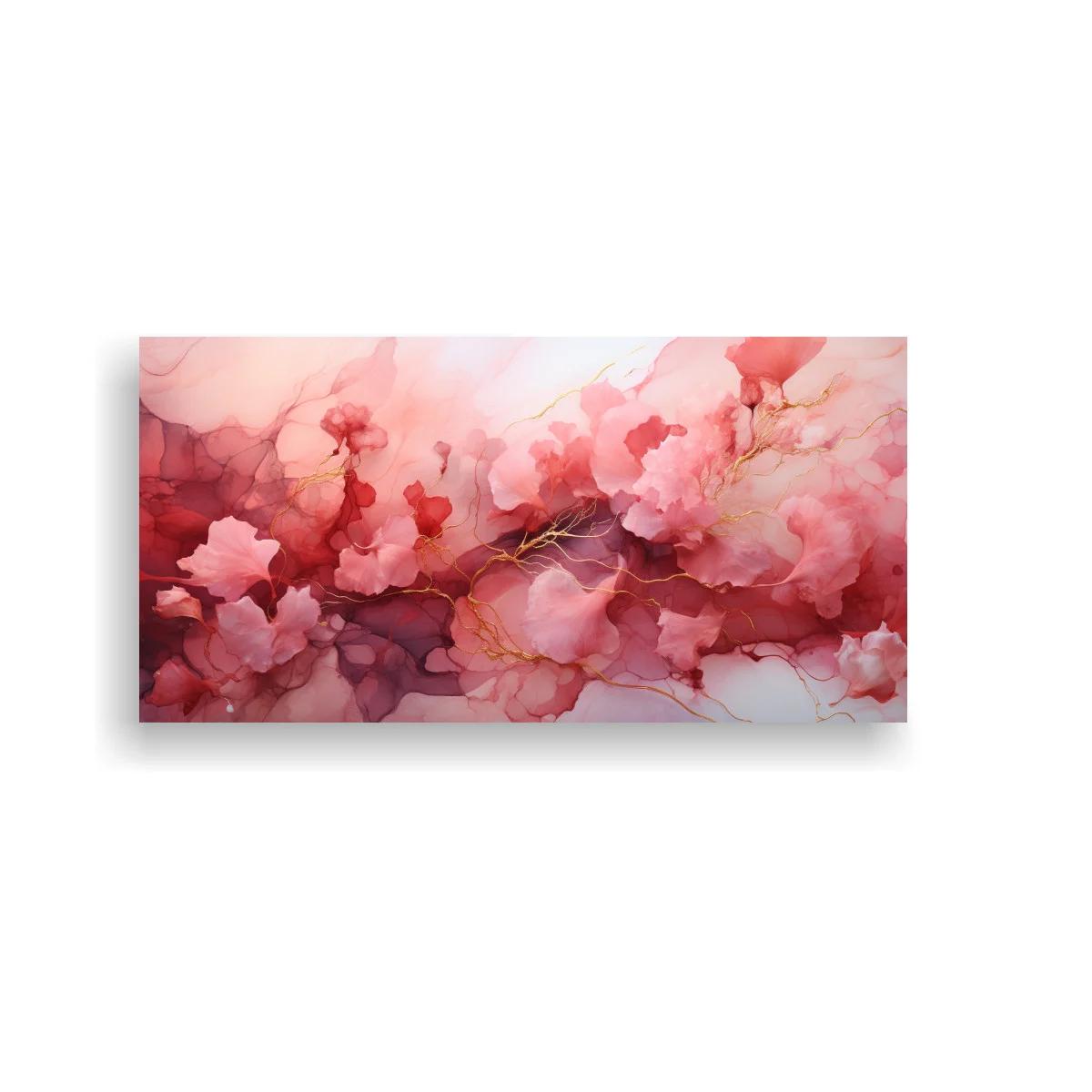 Cuadro flores rosadas tipo peonía con vetas doradas sinuosas