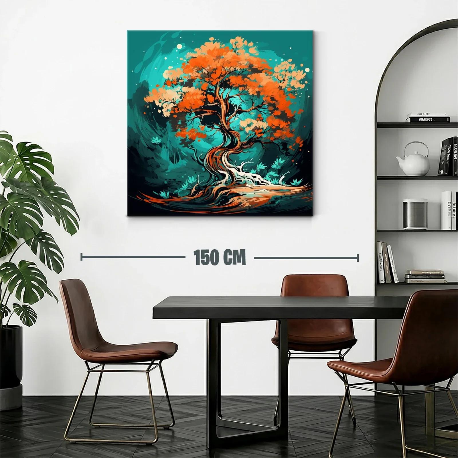Árbol Abstracto con Hojas en Tonos Cálidos y Fondo Turquesa — miniatura 2