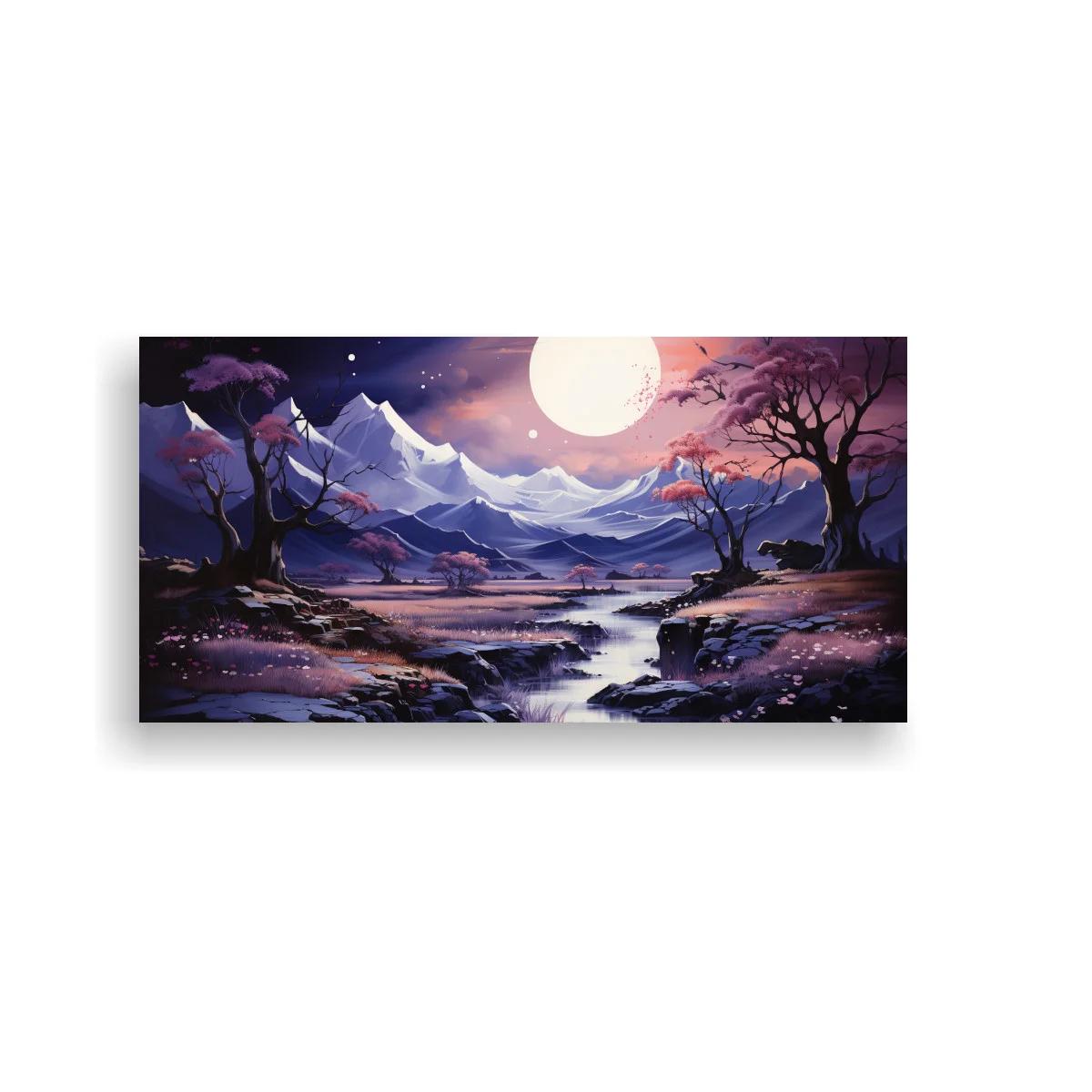 Cuadro paisaje de montaña con luna grande y río serpenteante