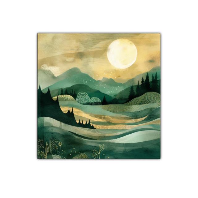 Paisaje onírico con montañas y luna brillante