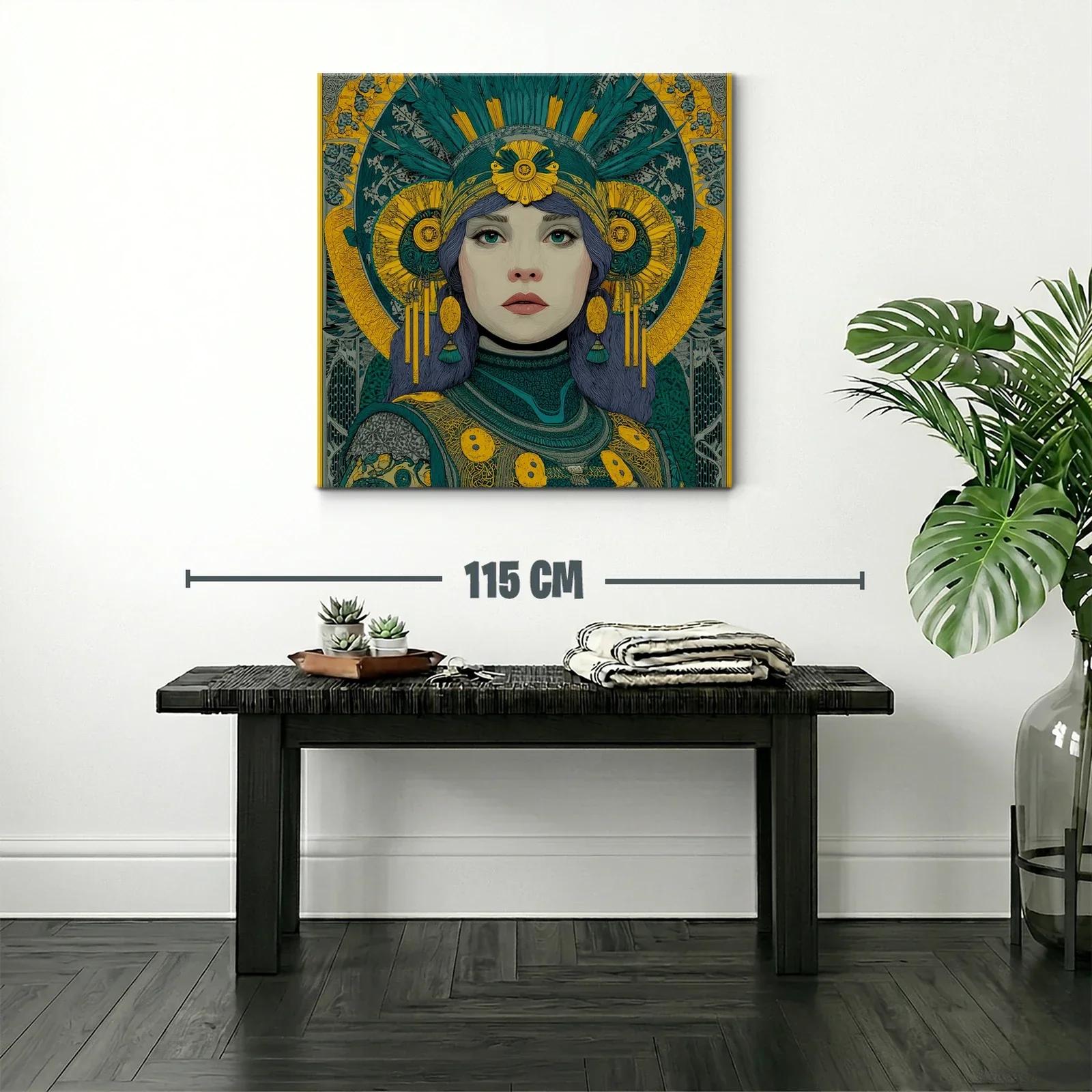Retrato femenino con detalles ornamentales en tonos verdes y amarillos — miniatura 2