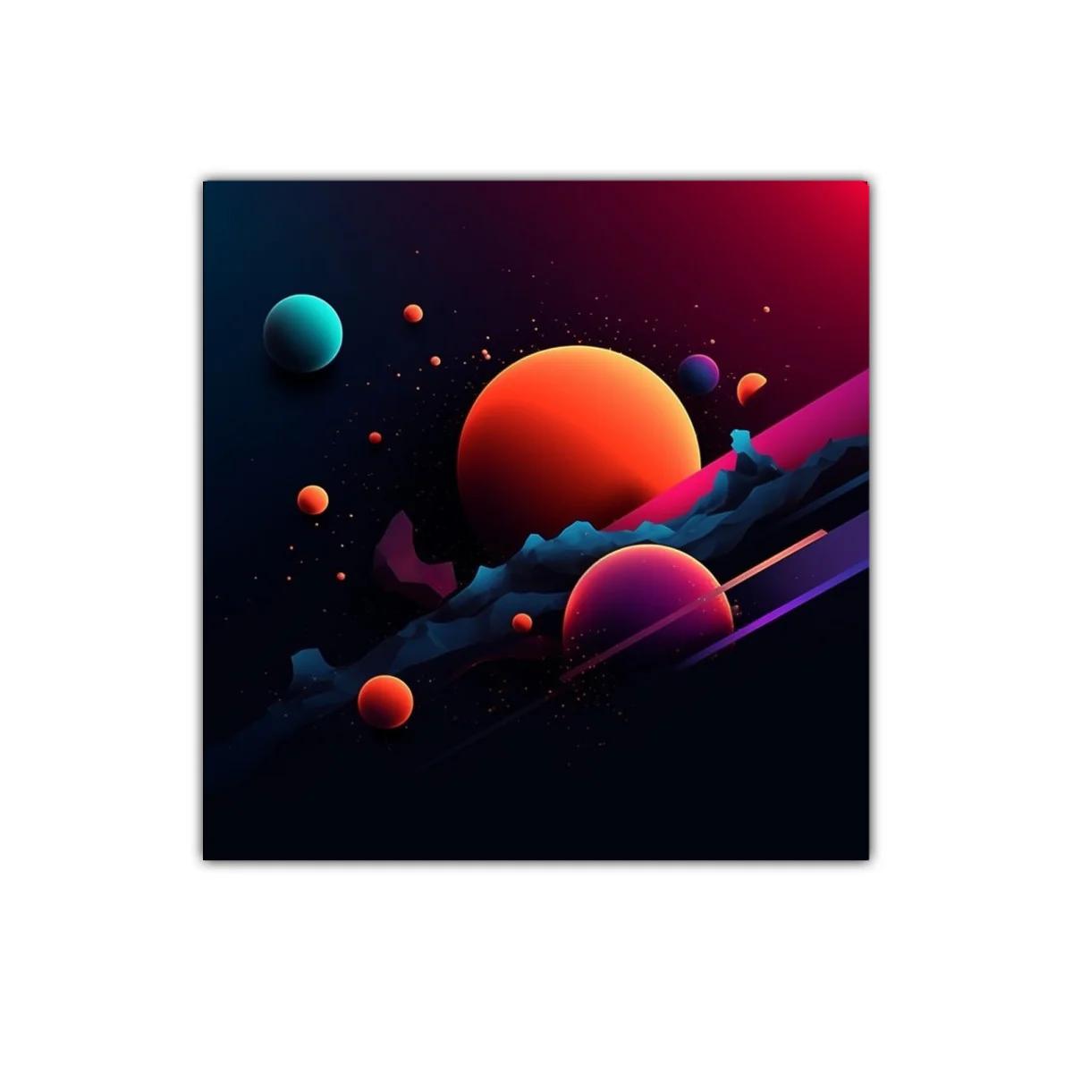 Cuadro abstracto con planetas vibrantes en espacio oscuro