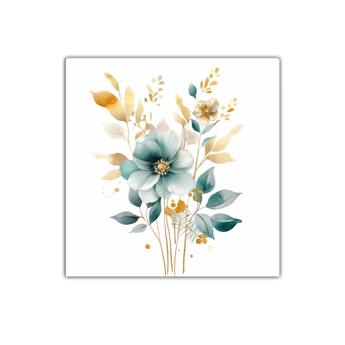 Cuadro Floral con Tonos Azulados y Dorados Elegantes