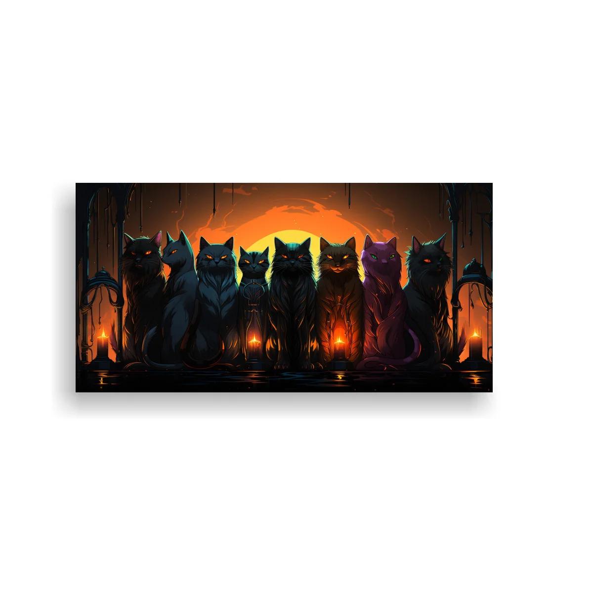 Cuadro grupo de gatos negros con resplandor naranja