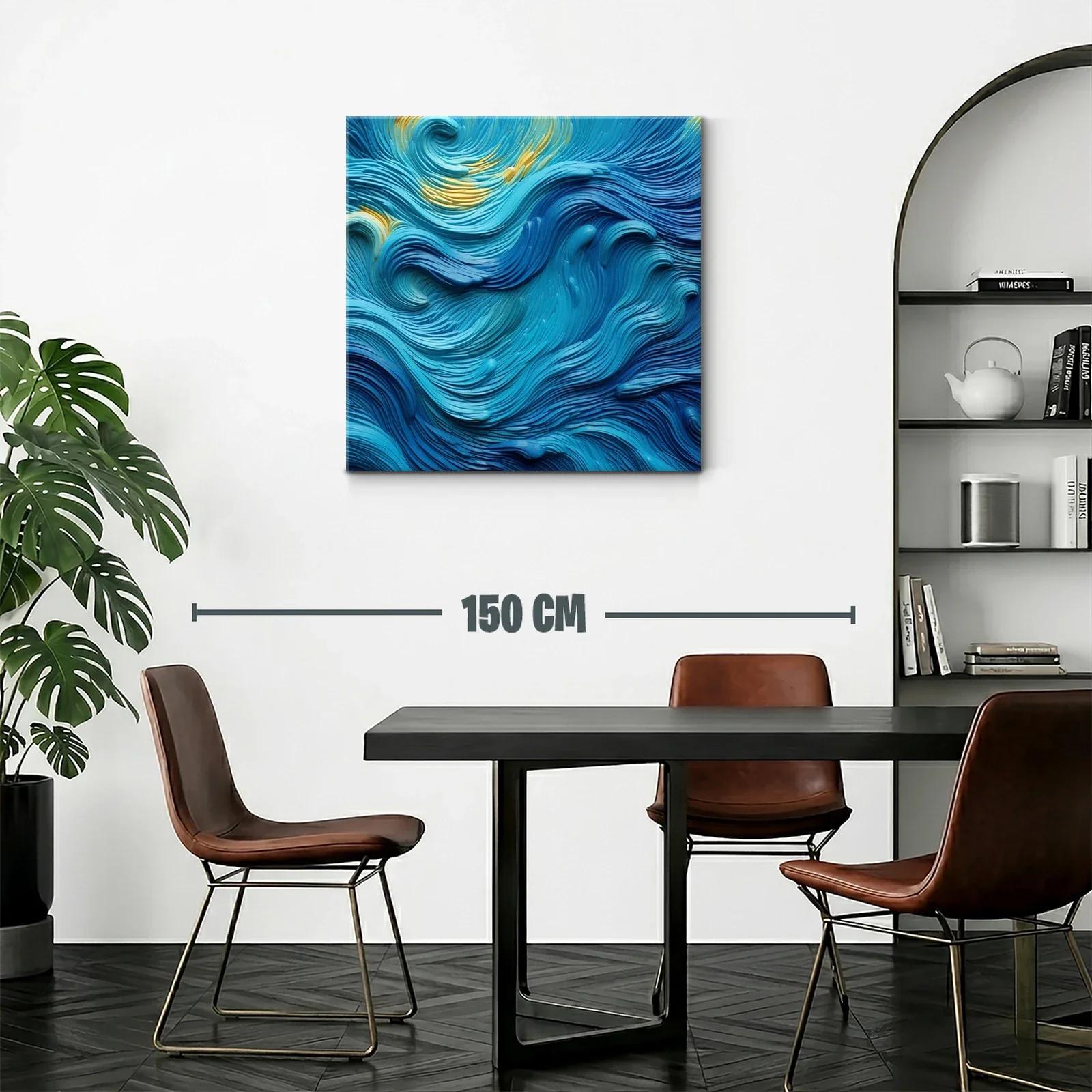Cuadro abstracto con ondas en tonos azules y toques dorados — miniatura 2