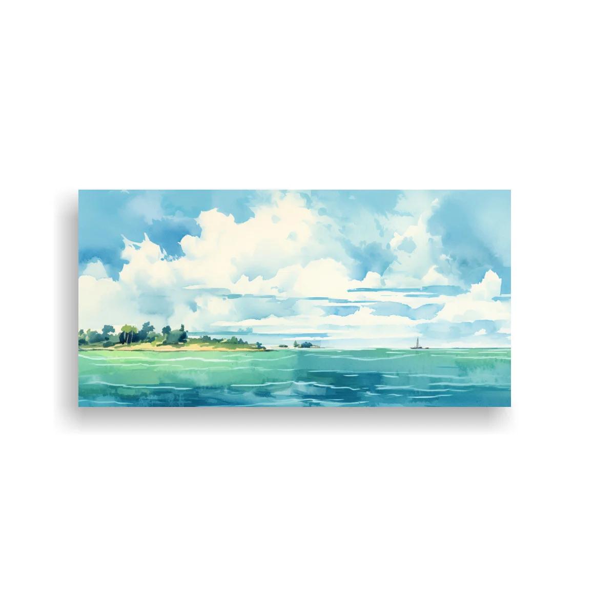 Cuadro paisaje marino con costa lejana y cielo amplio
