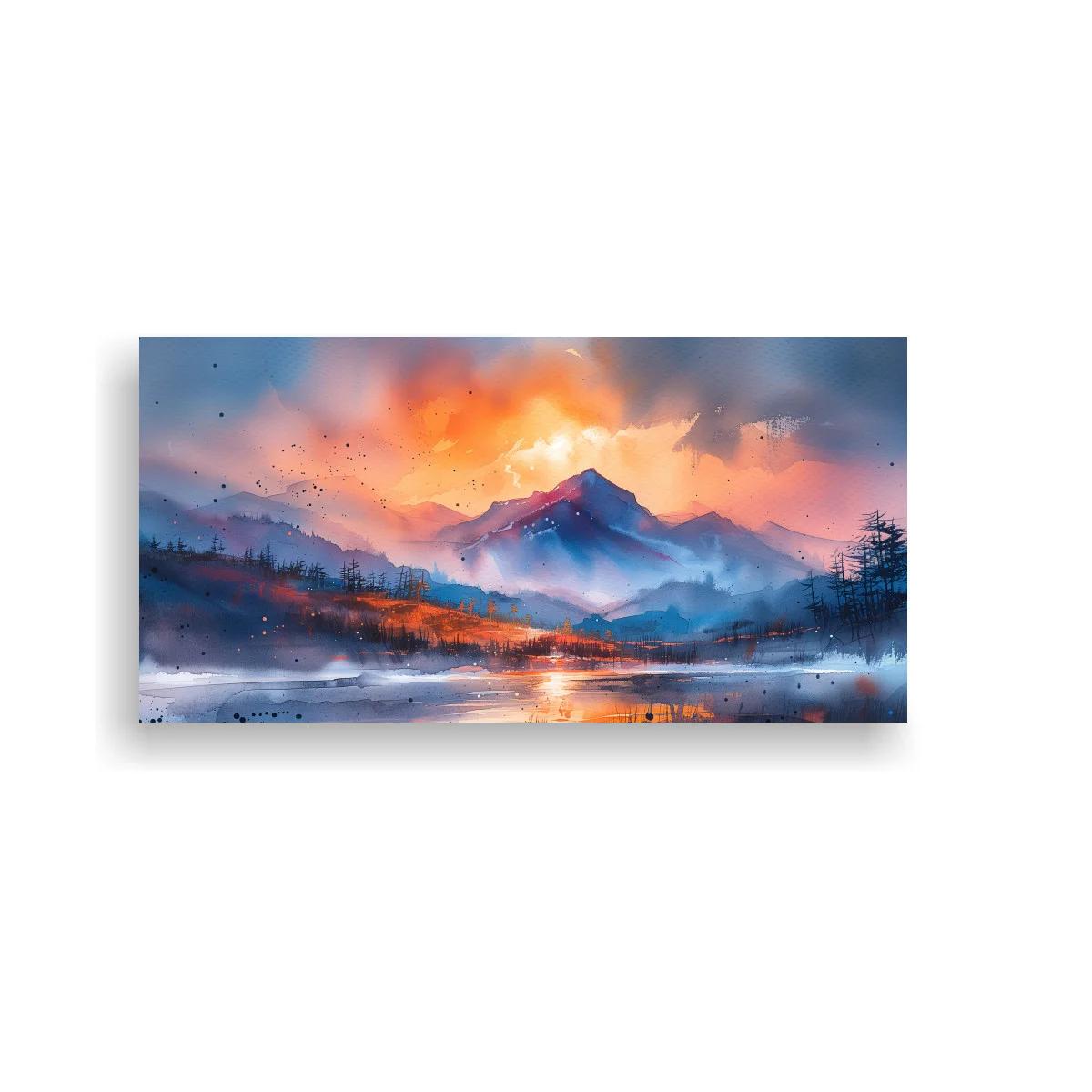 Cuadro paisaje de montaña al atardecer con reflejo cálido