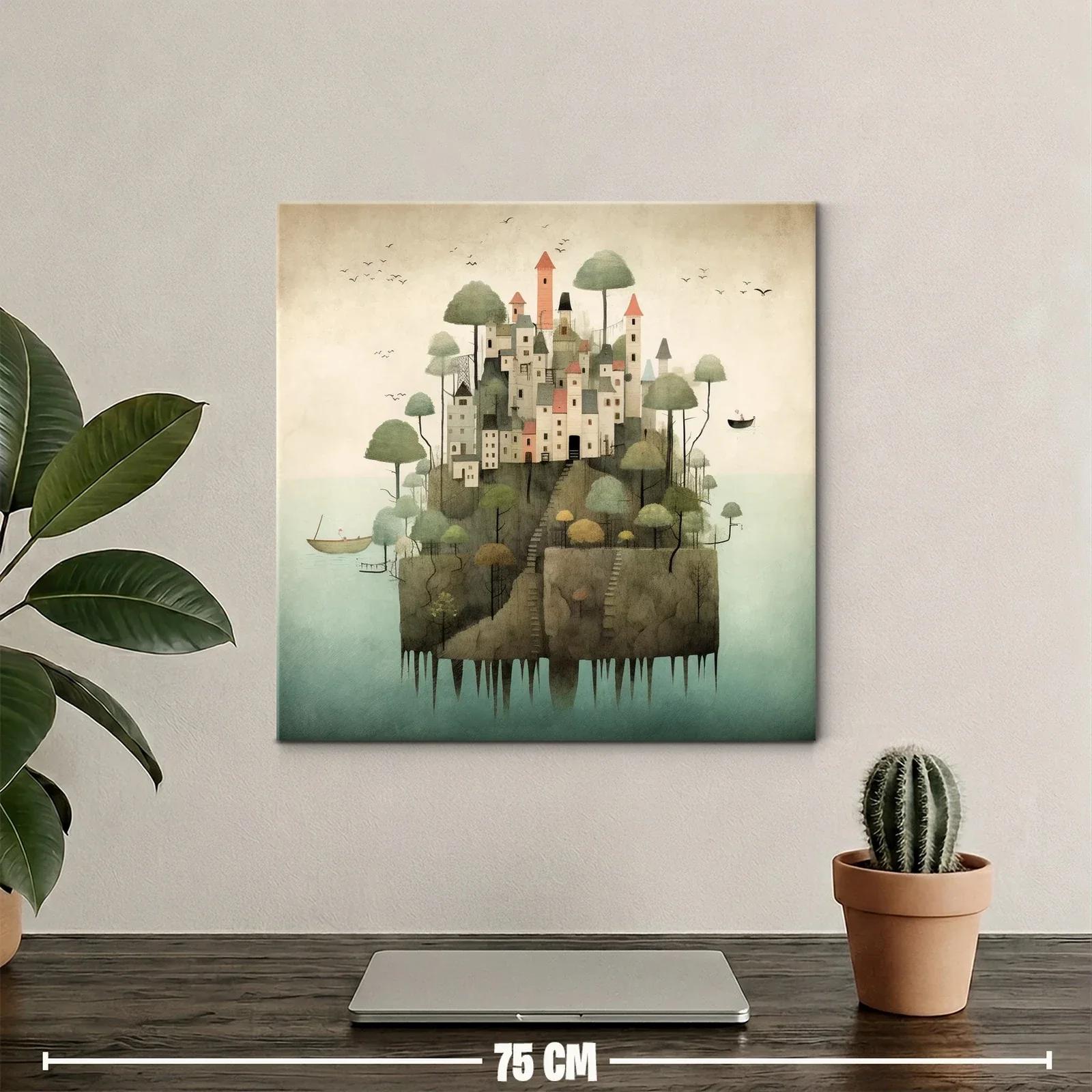 Ilustración de pueblo encantado sobre islote en calma — miniatura 2