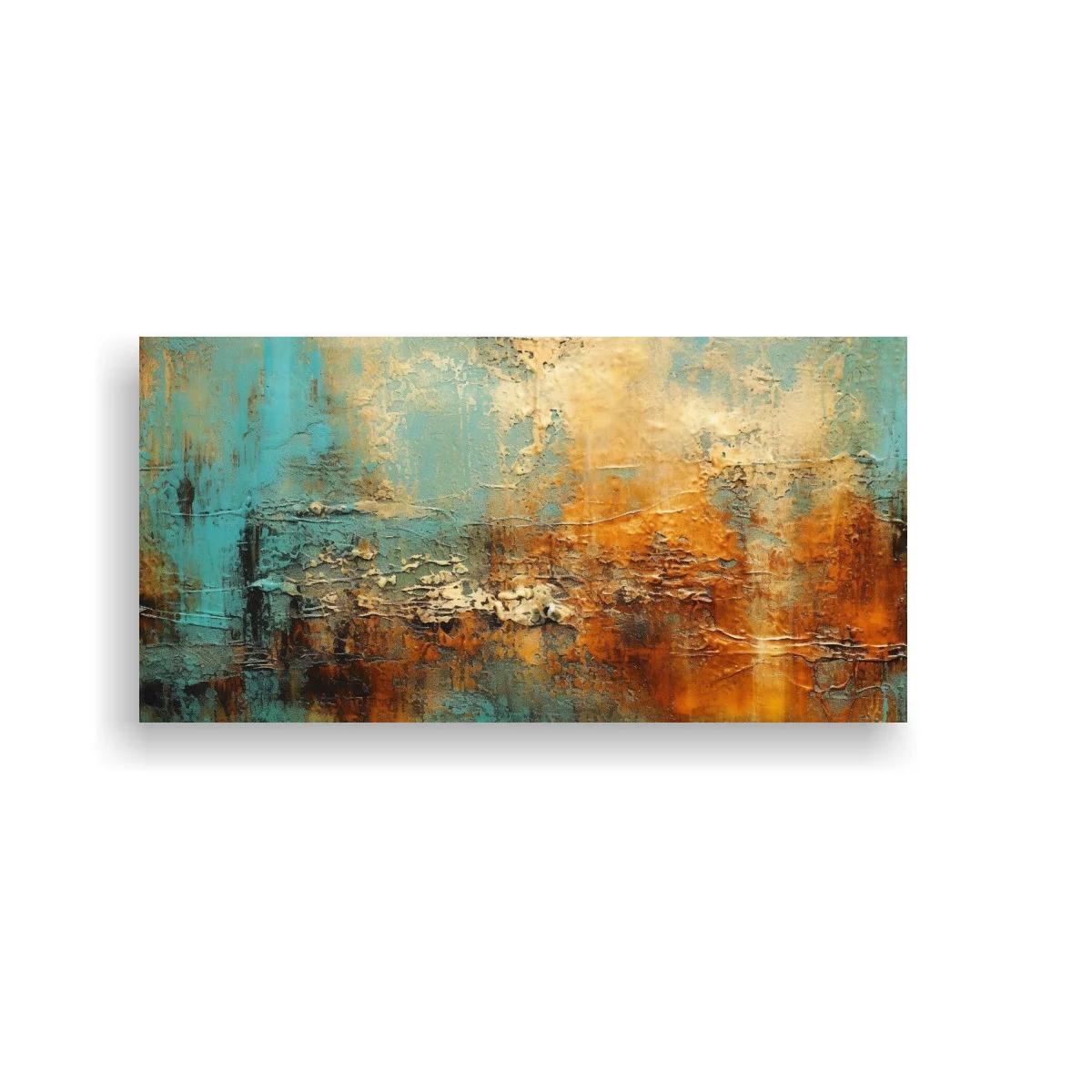 Cuadro paisaje abstracto turquesa y óxido con textura rugosa