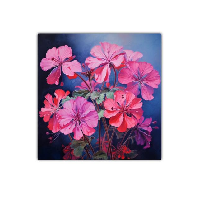 Cuadro vibrante con flores rosas sobre fondo azul oscuro
