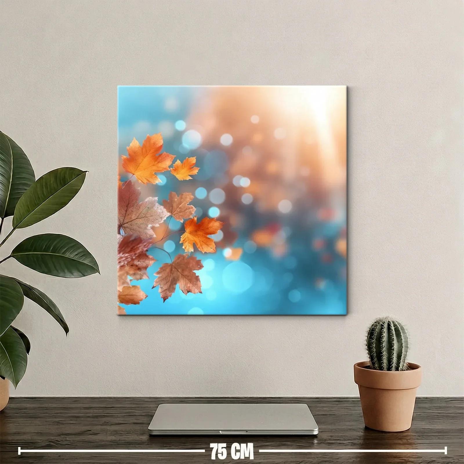 Cuadro con hojas de otoño en tonos cálidos y azul brillante — miniatura 2