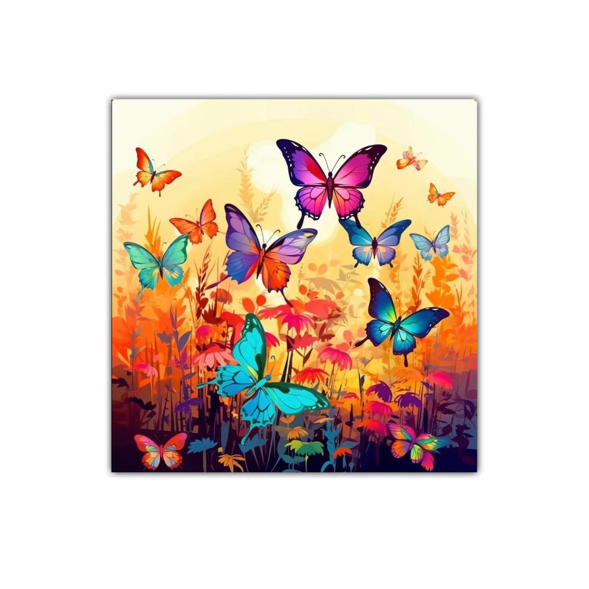 Mariposas multicolores en campo vibrante de flores brillantes