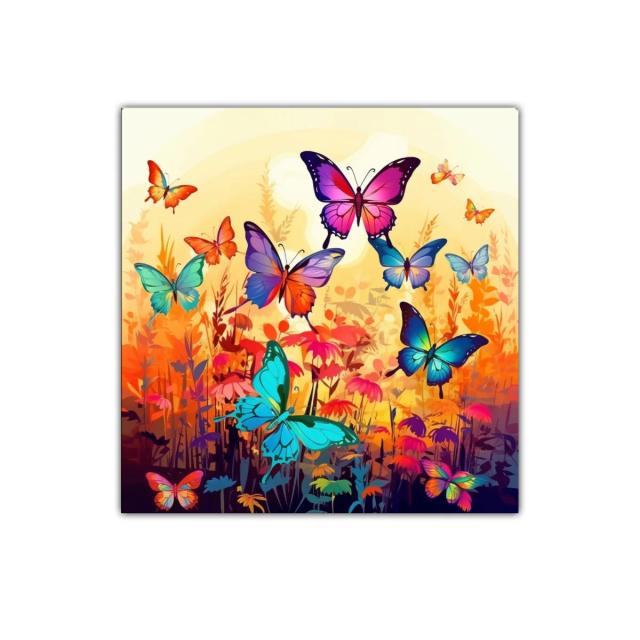 Mariposas multicolores en campo vibrante de flores brillantes