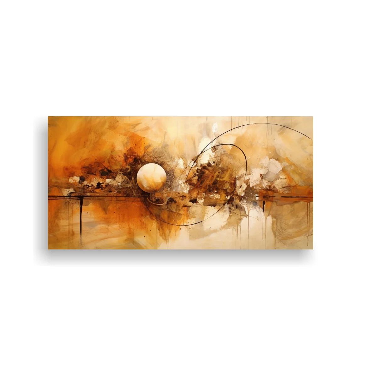 Cuadro abstracto en tonos tierra con esfera clara y goteos — imagen principal