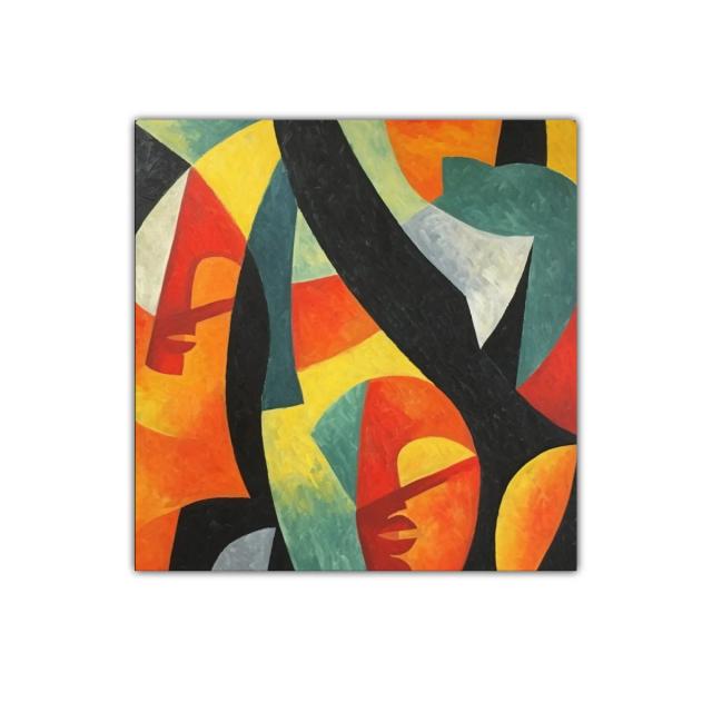 Cuadro abstracto con formas geométricas y colores intensos