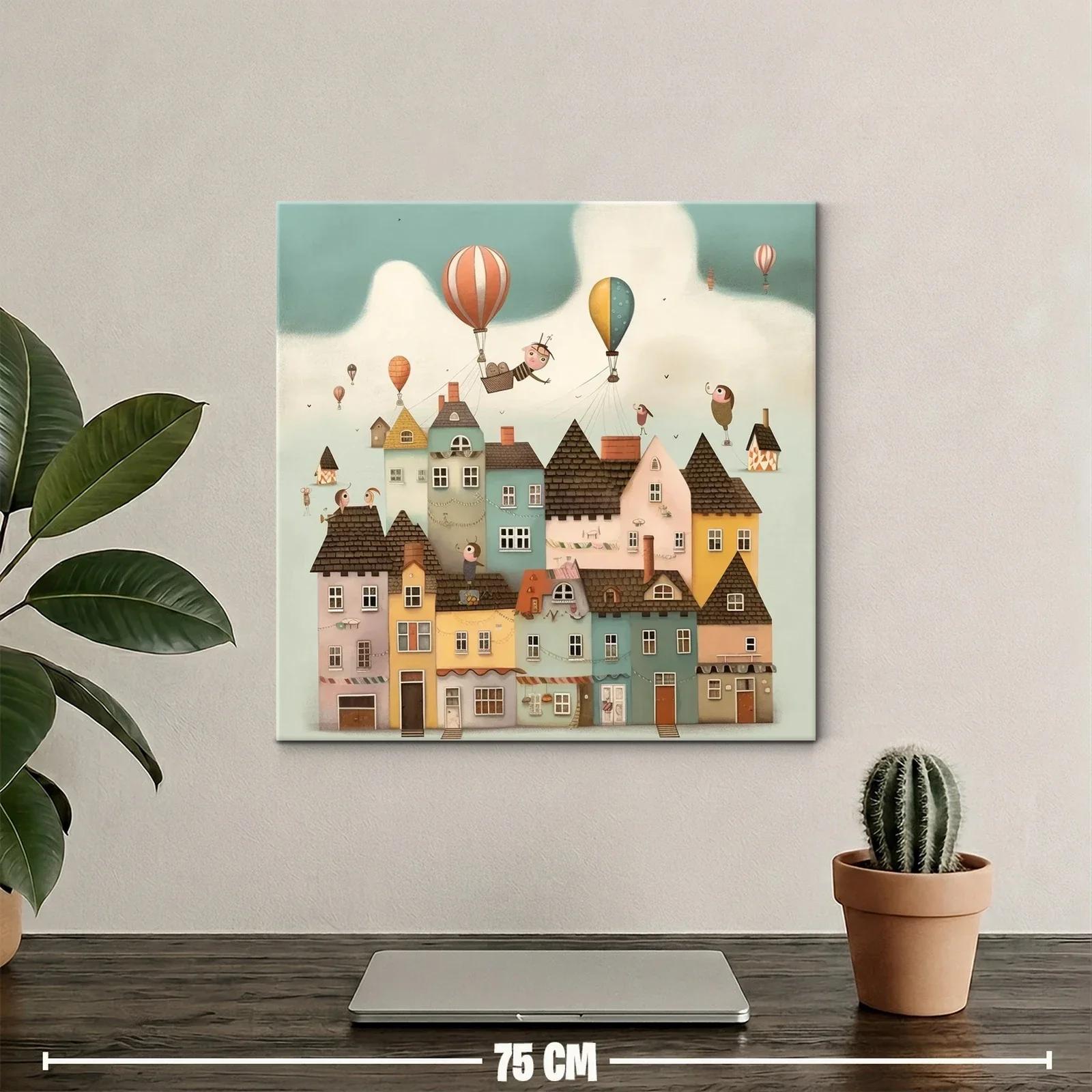 Pueblo encantado con globos aerostáticos en cielos pastel — miniatura 2