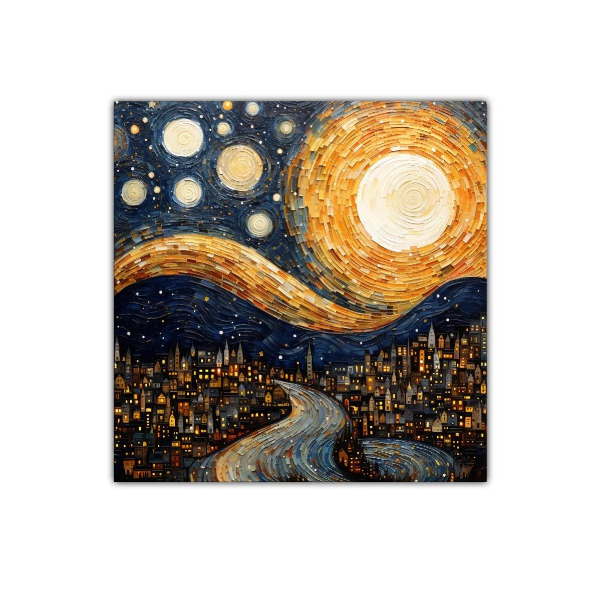 Paisaje nocturno con luna y estrellas sobre ciudad iluminada — imagen principal