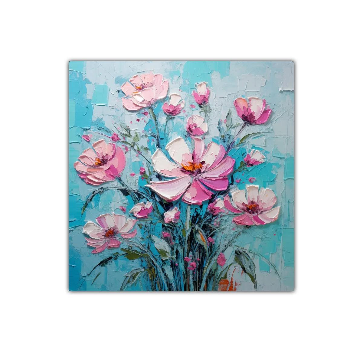 Cuadro floral con flores rosas y fondo azul vibrante — imagen principal