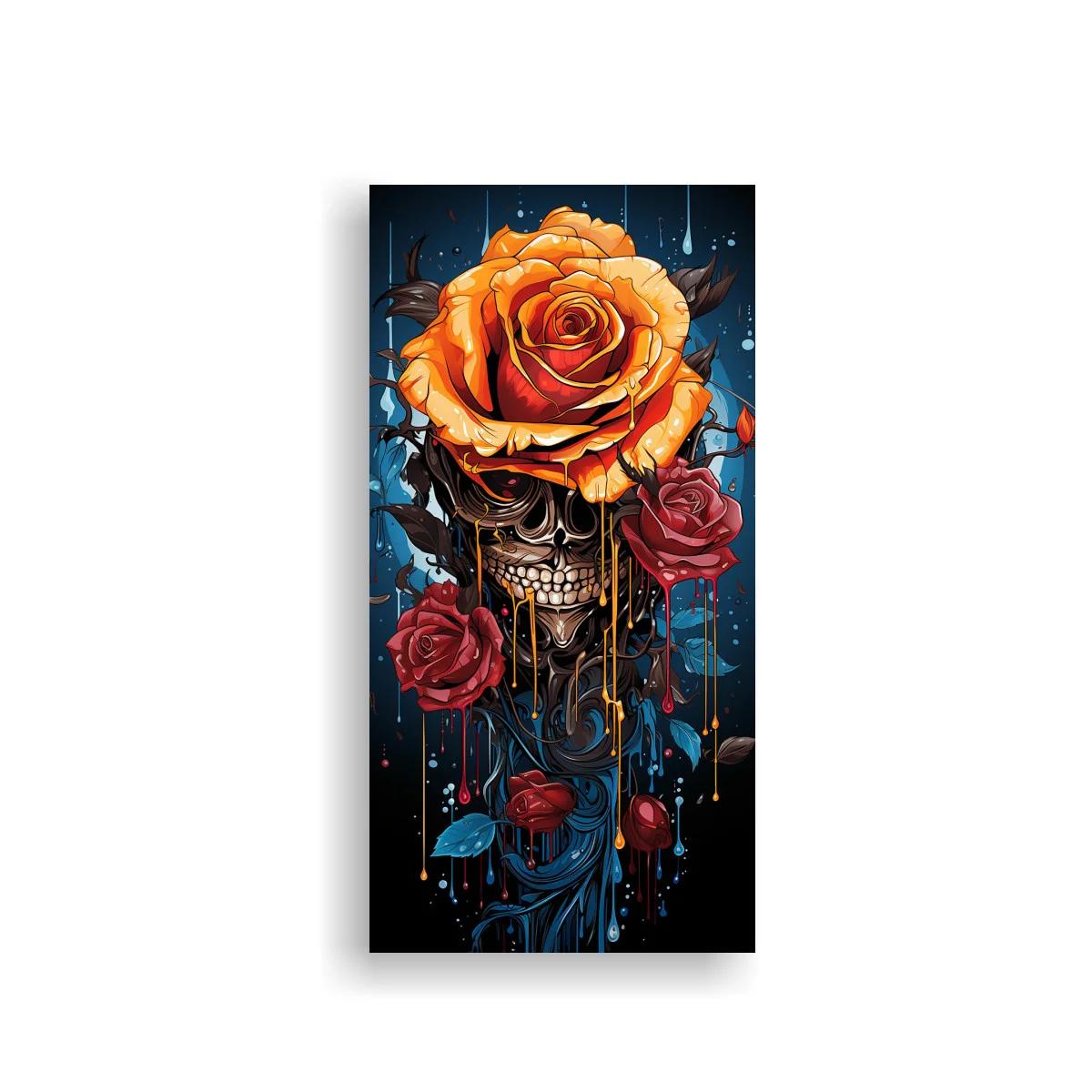 Cuadro calavera con rosa naranja y rosas rojas