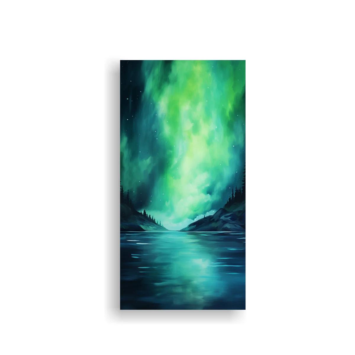 Cuadro aurora boreal sobre un lago con reflejo turquesa — imagen principal