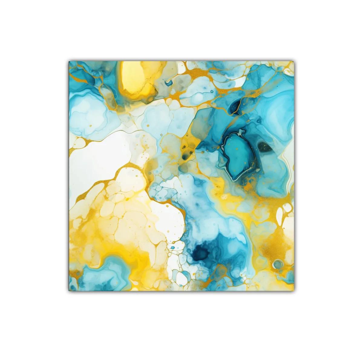 Cuadro abstracto con tonos azules y dorados vibrantes