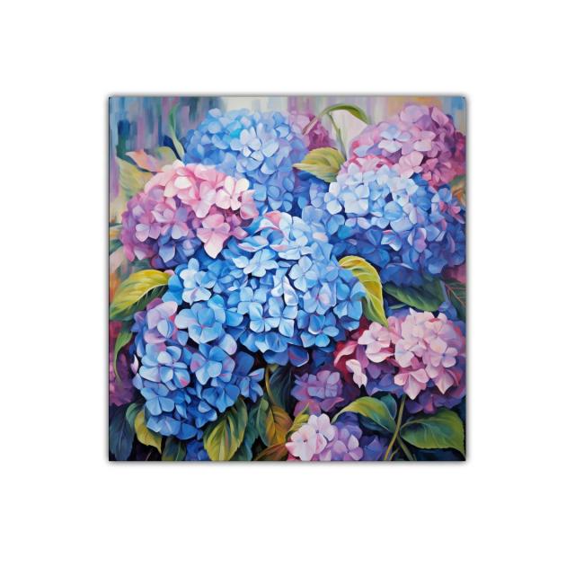 Cuadro decorativo con vibrantes hortensias en tonos azules y rosas
