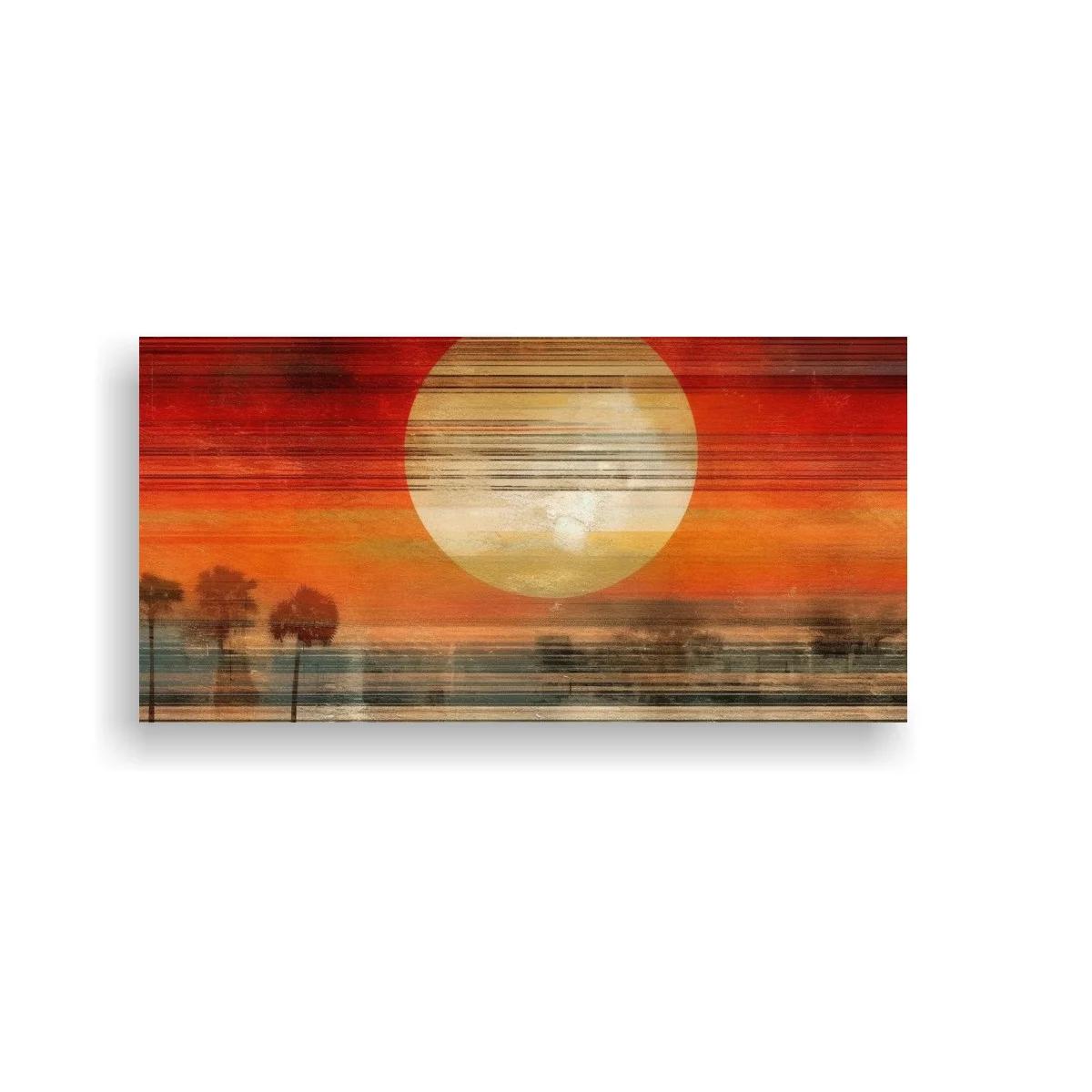 Cuadro sol sobre el horizonte con árboles en silueta