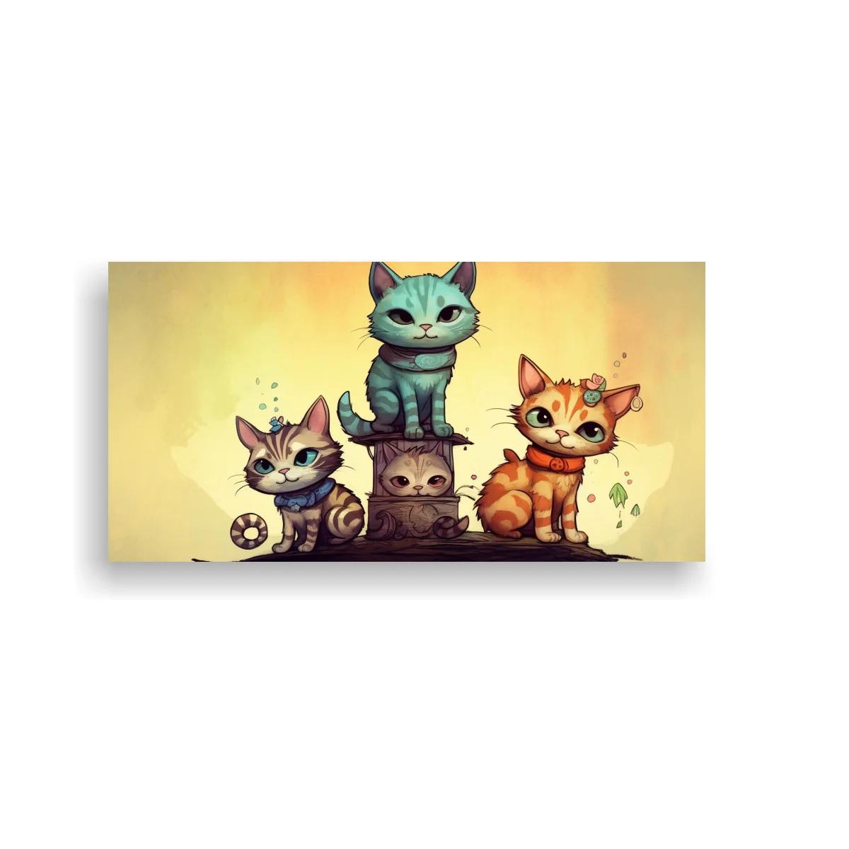 Cuadro tres gatos caricaturescos con cola enrollada