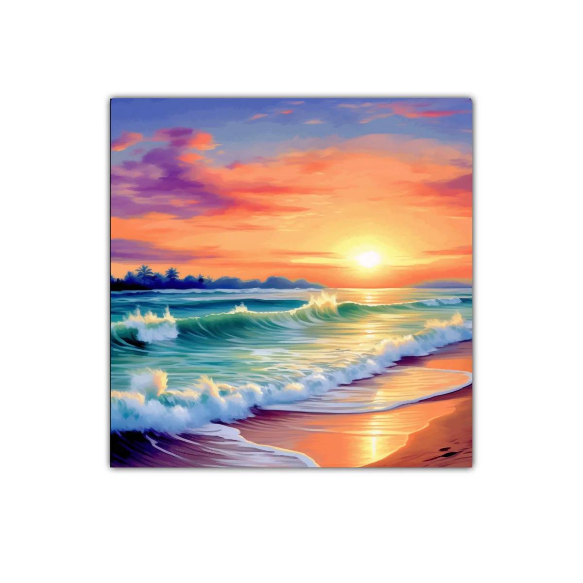 Atardecer en la playa con olas y cielo colorido — imagen principal