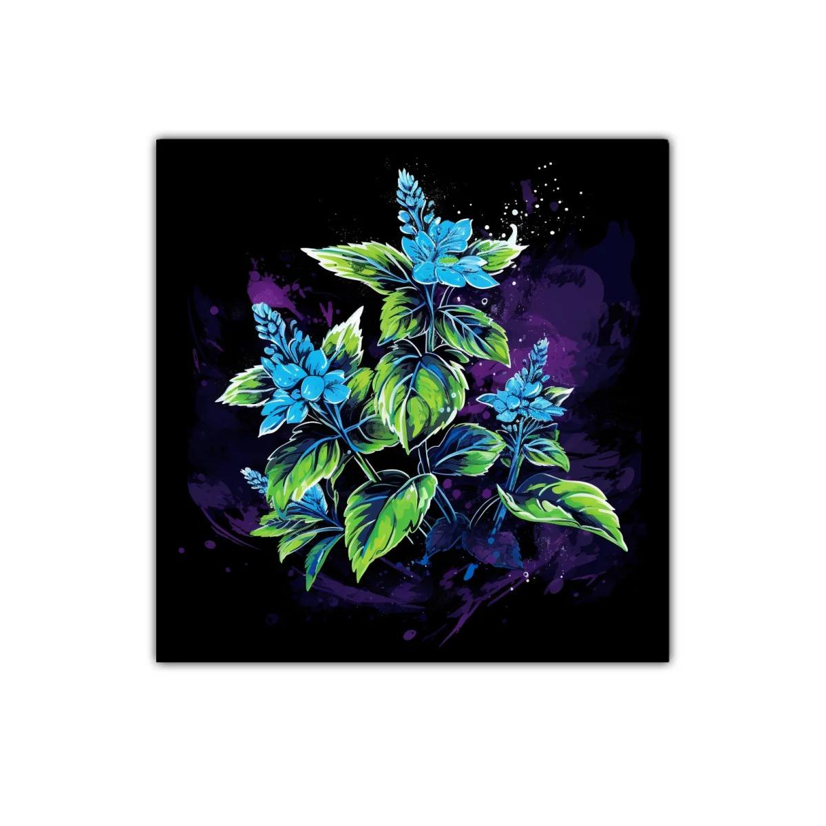 Cuadro con flores azules y hojas verdes sobre fondo oscuro — imagen principal