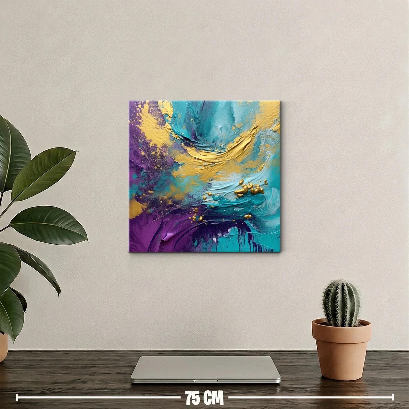Cuadro abstracto vibrante en tonos turquesa y dorado — miniatura 2