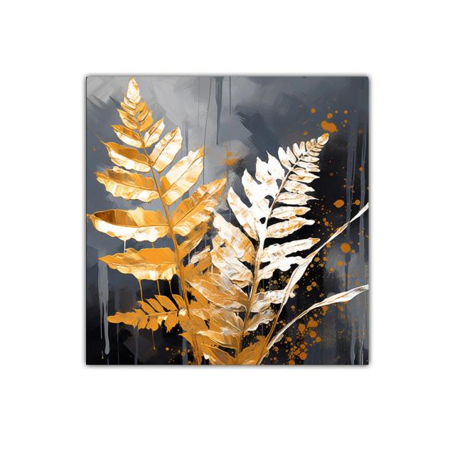 Cuadro decorativo hojas doradas sobre fondo gris oscuro