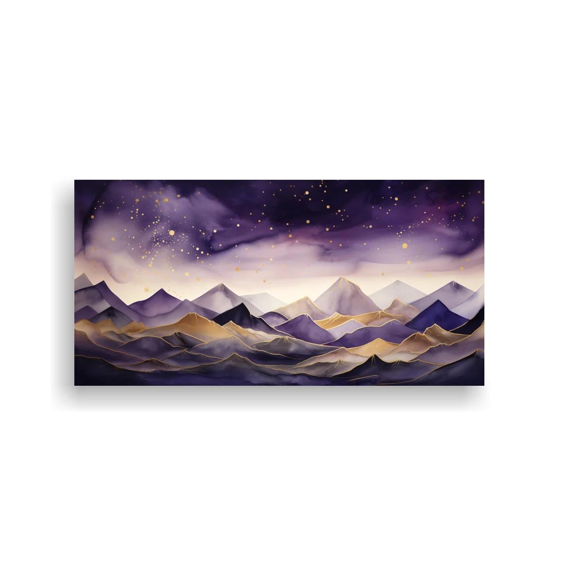 Cuadro paisaje de montañas en tonos violeta y dorado